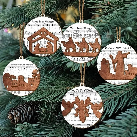 Collection of Ornaments Featuring Nativity Music Sheets