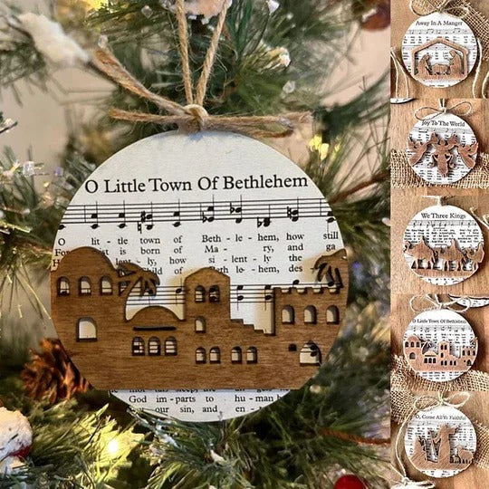 Collection of Ornaments Featuring Nativity Music Sheets