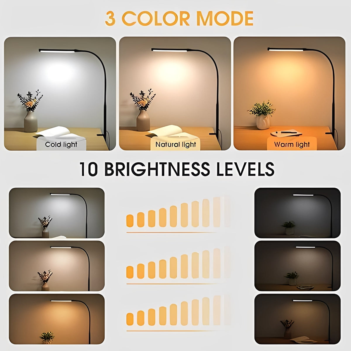 Versatile LED Lamp with Adjustable Neck and Three Brightness Modes