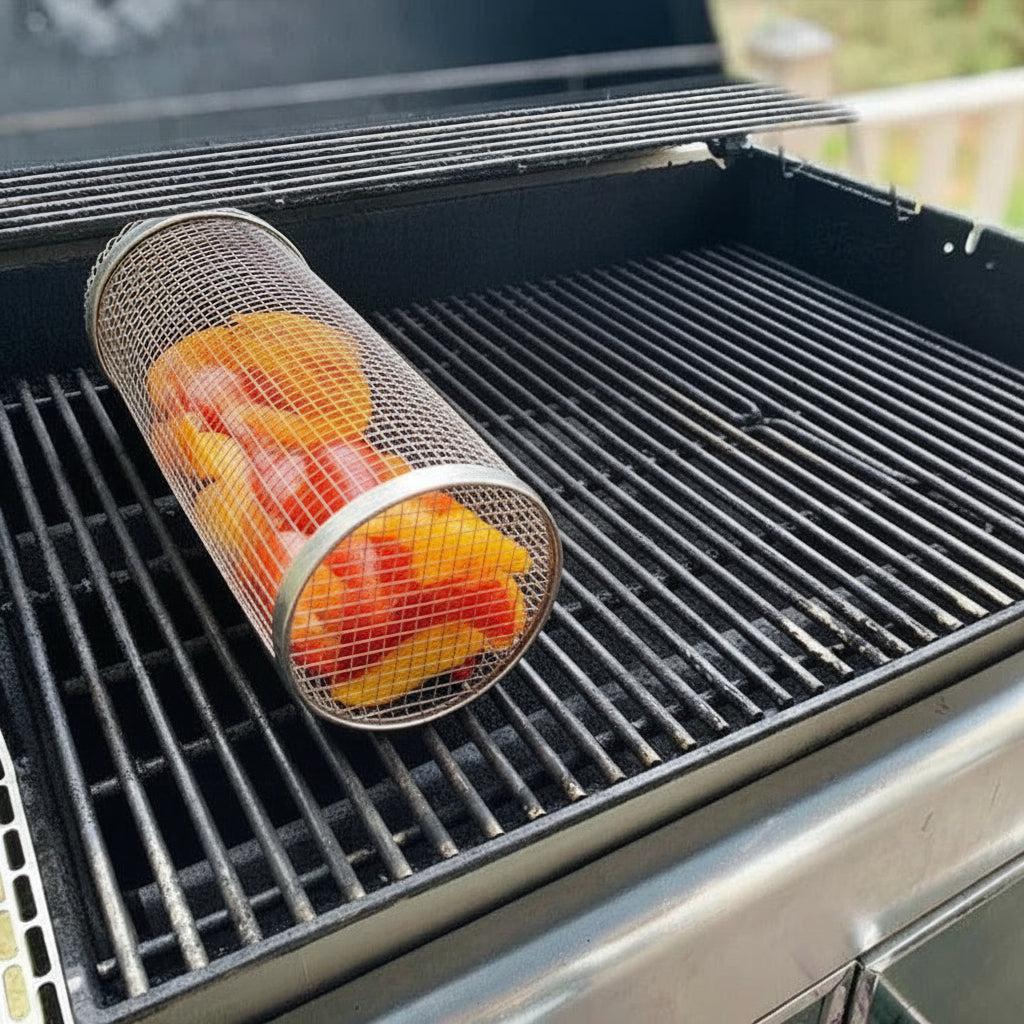 360° Rotating Stainless Steel Grilling Basket for Easy Cooking