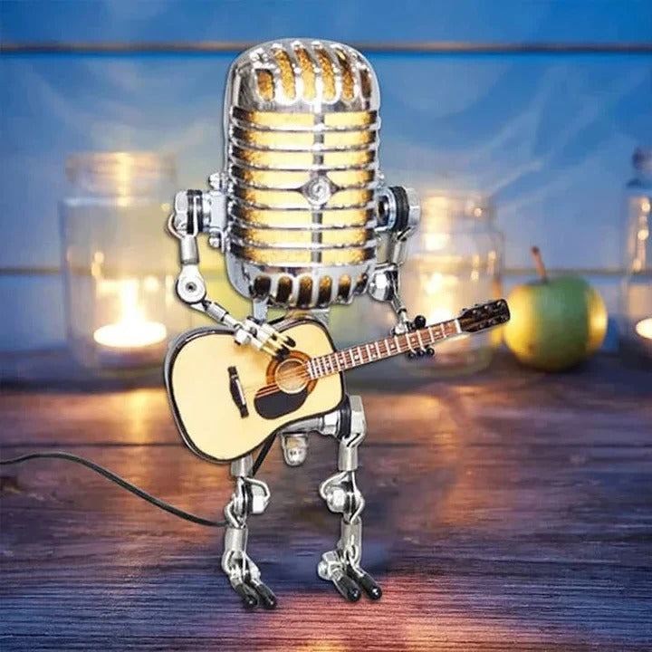Retro-Inspired Robot Lamp with Microphone and Guitar Accents