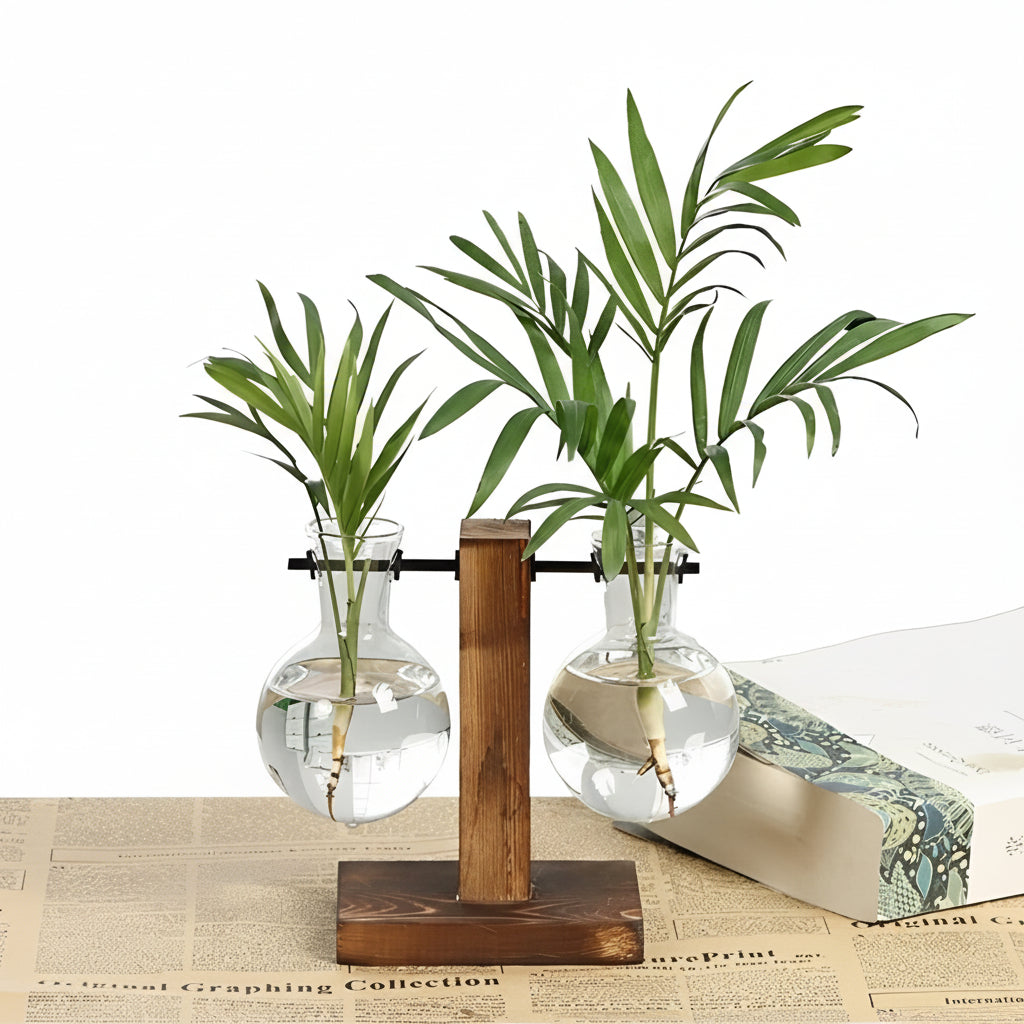 Elegant Hydroponic Vase with Natural Wood Stand