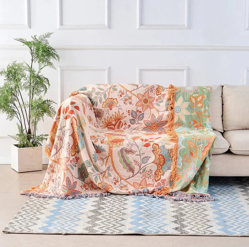 Chic Cotton Throw Blanket with Elegant Floral Design