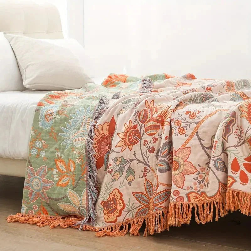 Chic Cotton Throw Blanket with Elegant Floral Design