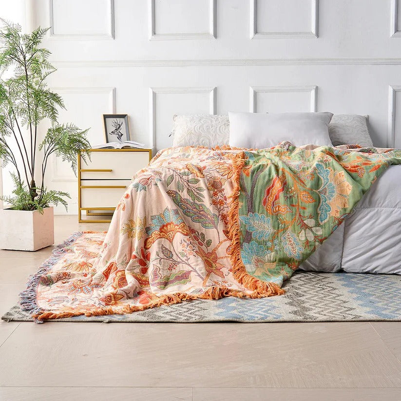 Chic Cotton Throw Blanket with Elegant Floral Design