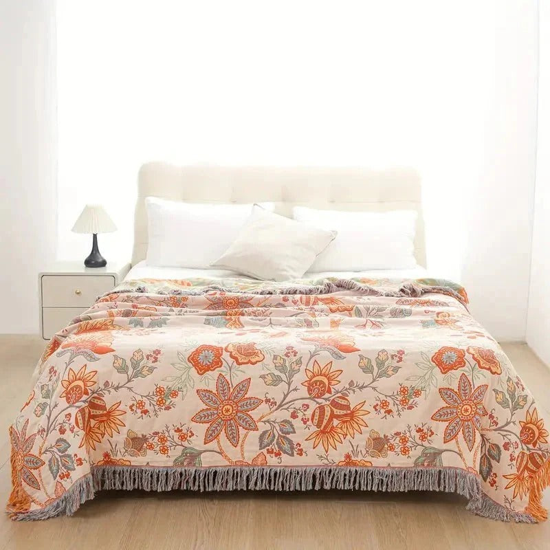 Chic Cotton Throw Blanket with Elegant Floral Design
