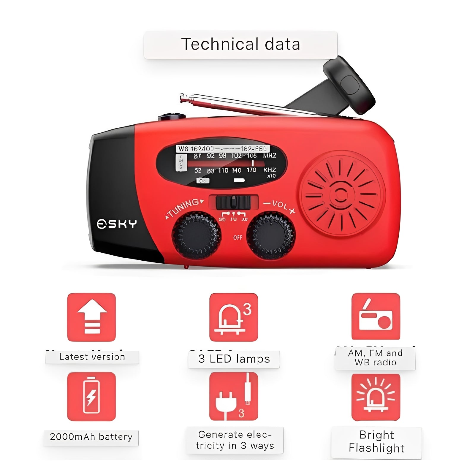 Multi-Function Emergency Radio with Hand Crank, Flashlight, and Phone Charger