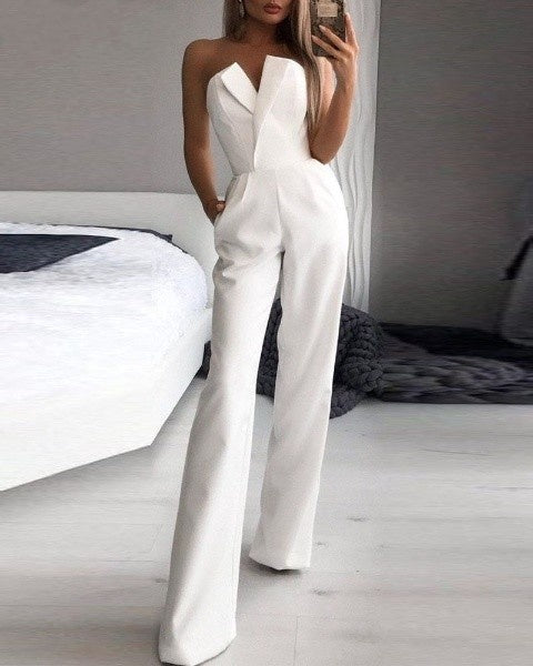 Women’s Sleeveless Wide-Leg Jumpsuit | Plunging Neckline | Polyester Fiber | Comfortable Fit