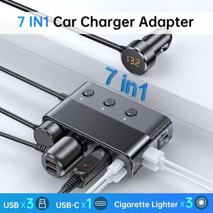 Multi-Function 7-Port Car Charger with Cigarette Lighter Socket