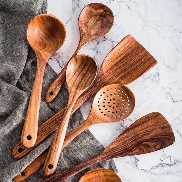 Premium Teak Wood Kitchen Utensil Set - 8 Essential Tools