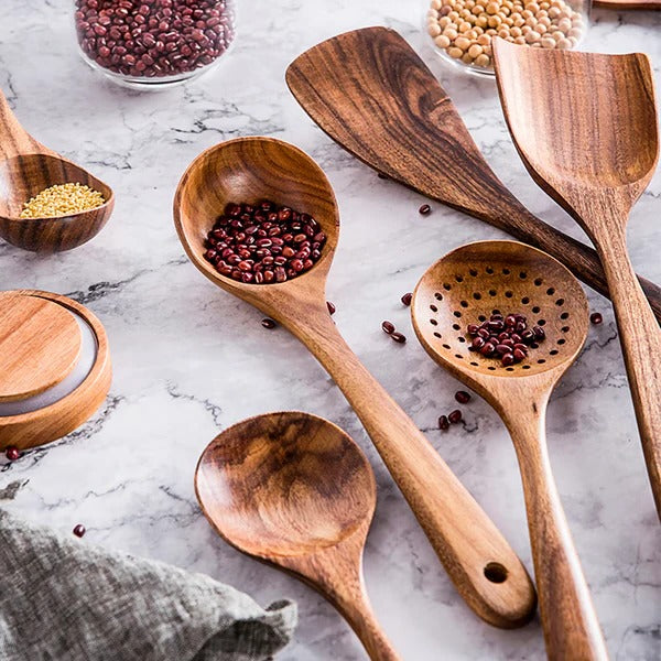 Premium Teak Wood Kitchen Utensil Set - 8 Essential Tools