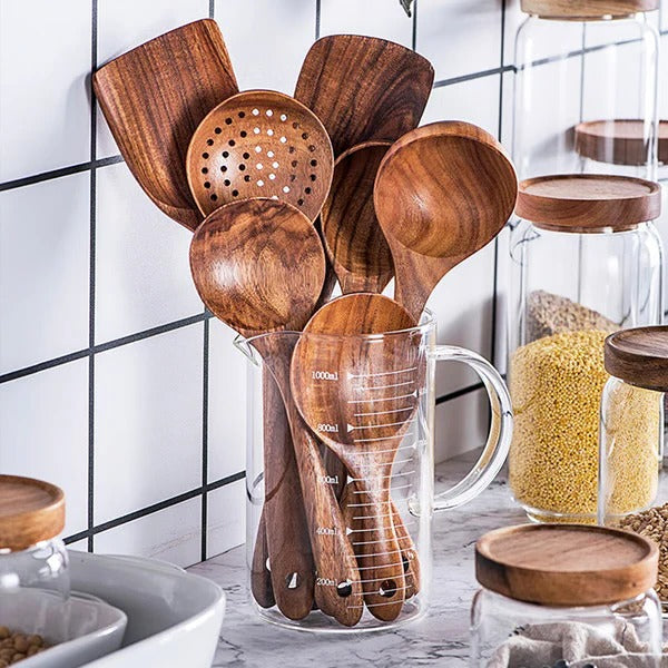 Premium Teak Wood Kitchen Utensil Set - 8 Essential Tools