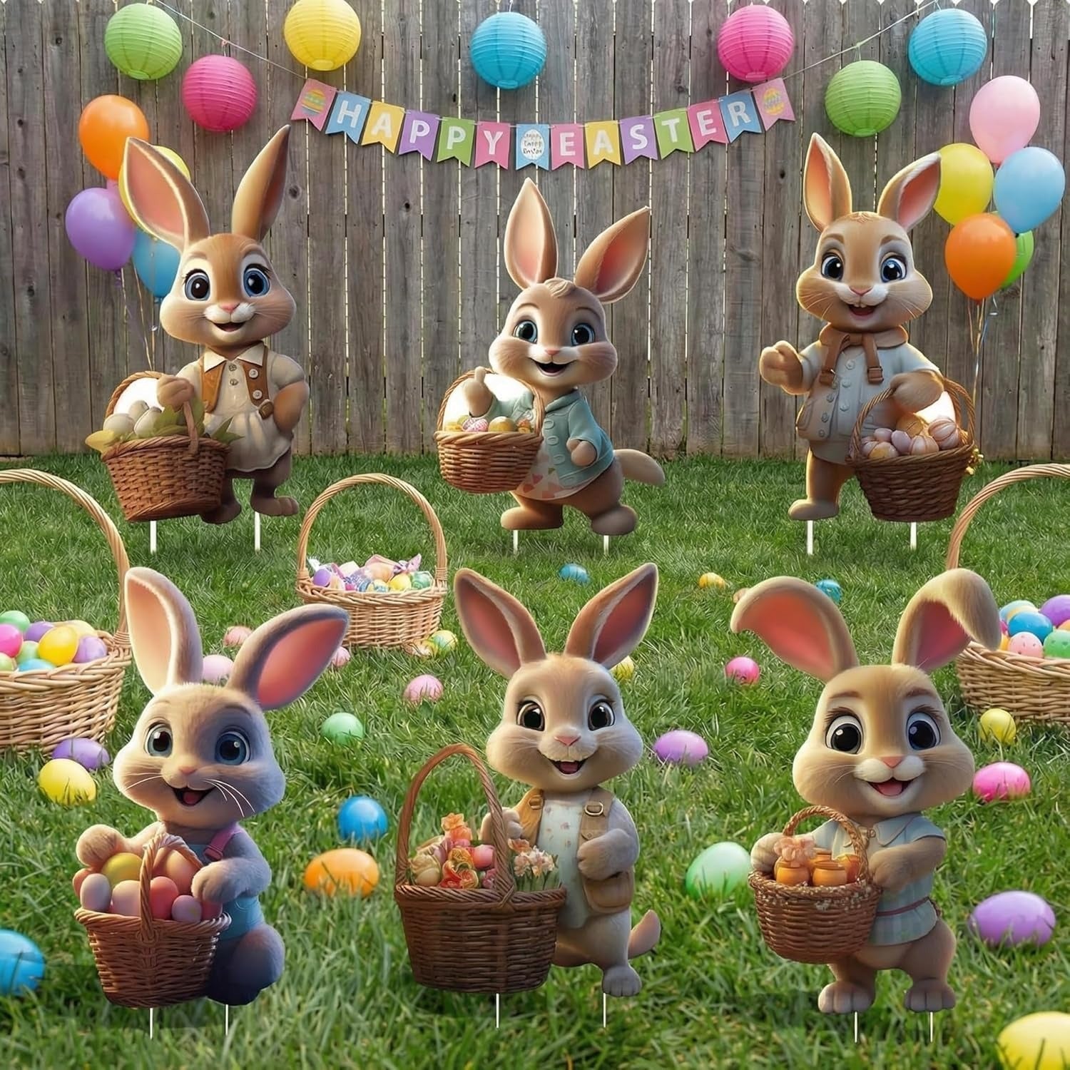 Festive Bunny Yard Decorations with Stakes, Set of 6
