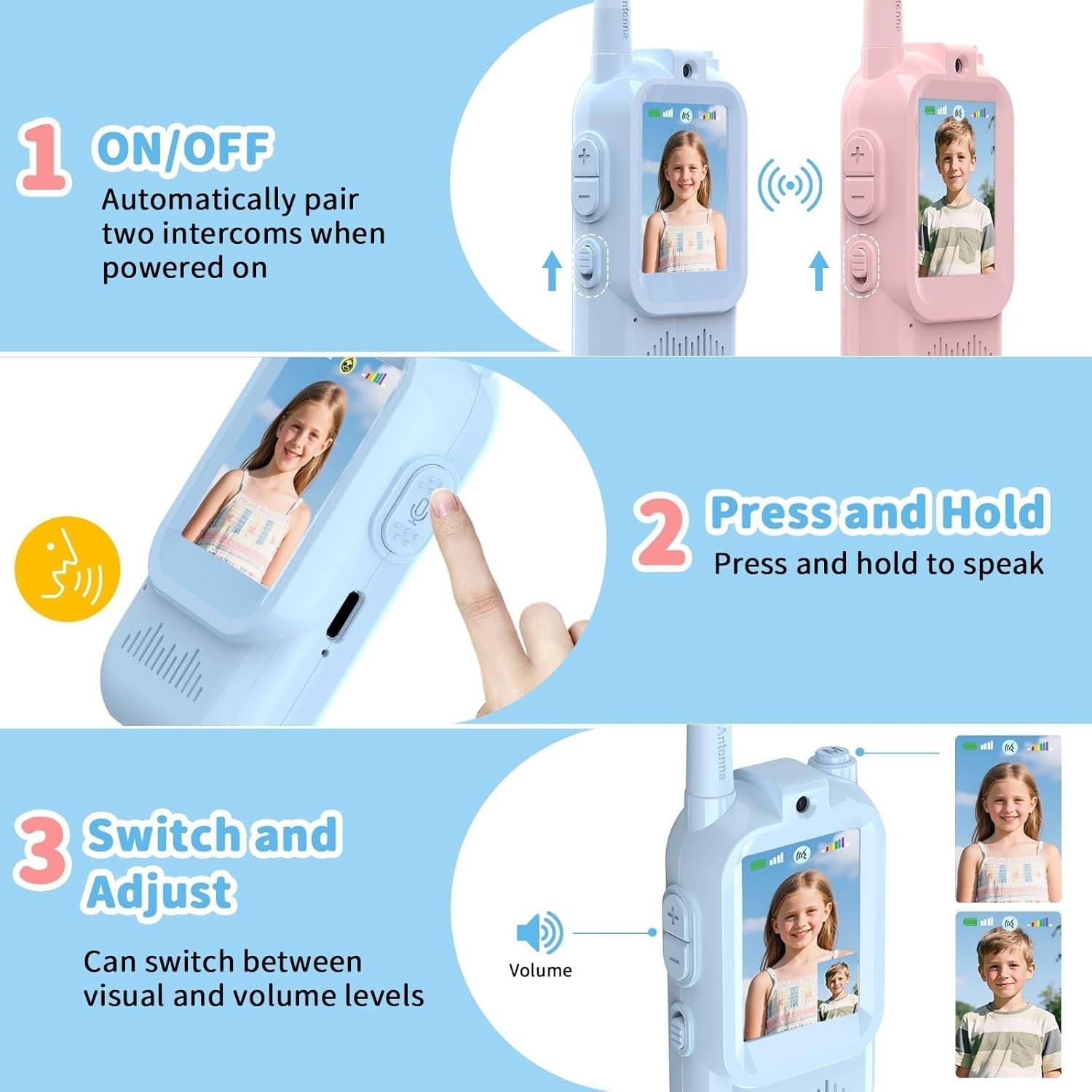 Set of 2 Kids' Video and Voice Walkie Talkies for Communication