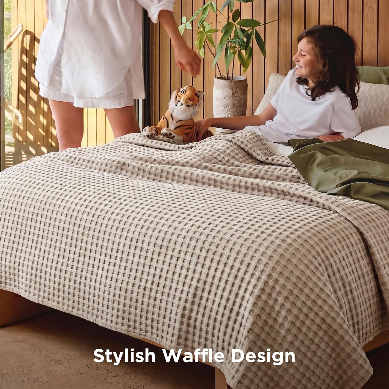 Lightweight Cotton and Bamboo Cooling Waffle Blanket - Queen Size Summer Throw