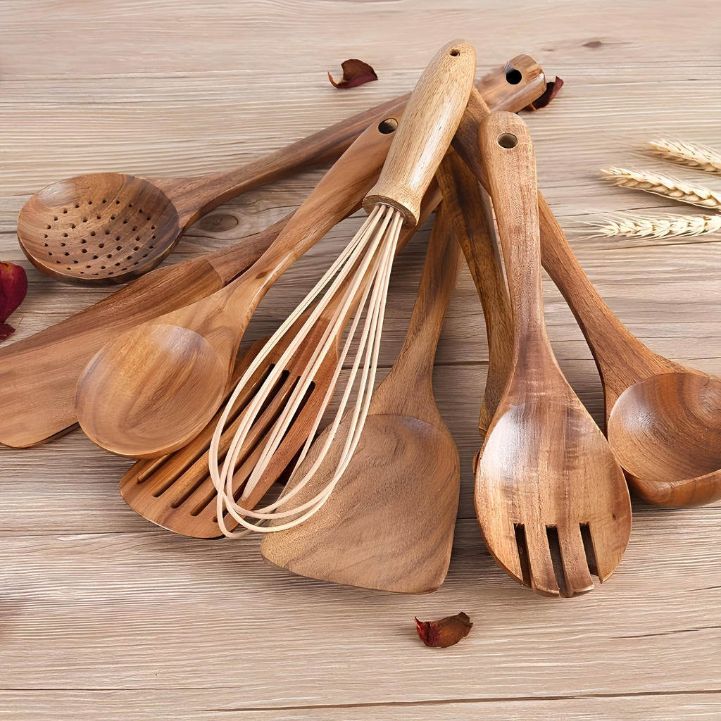 Essential Wooden Cooking Utensil Collection with Holder