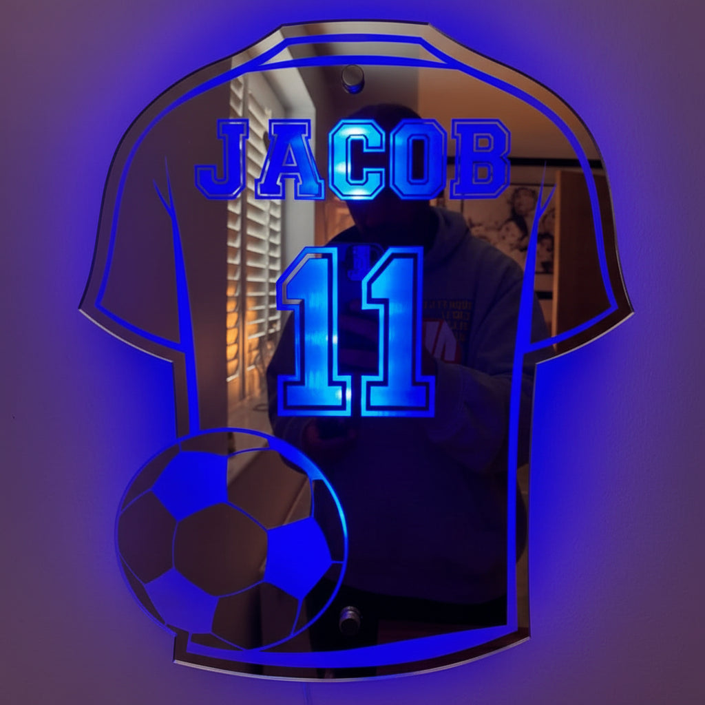Customizable LED Mirror with Soccer Jersey Motif