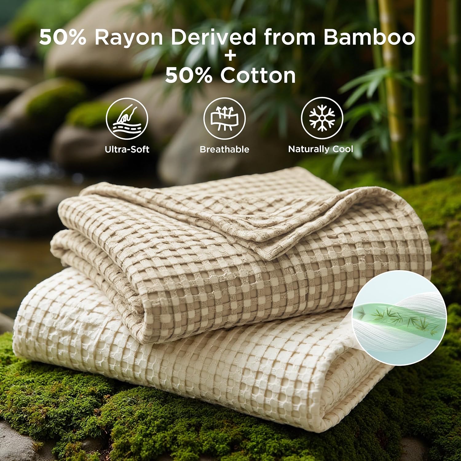 Lightweight Cotton and Bamboo Cooling Waffle Blanket - Queen Size Summer Throw