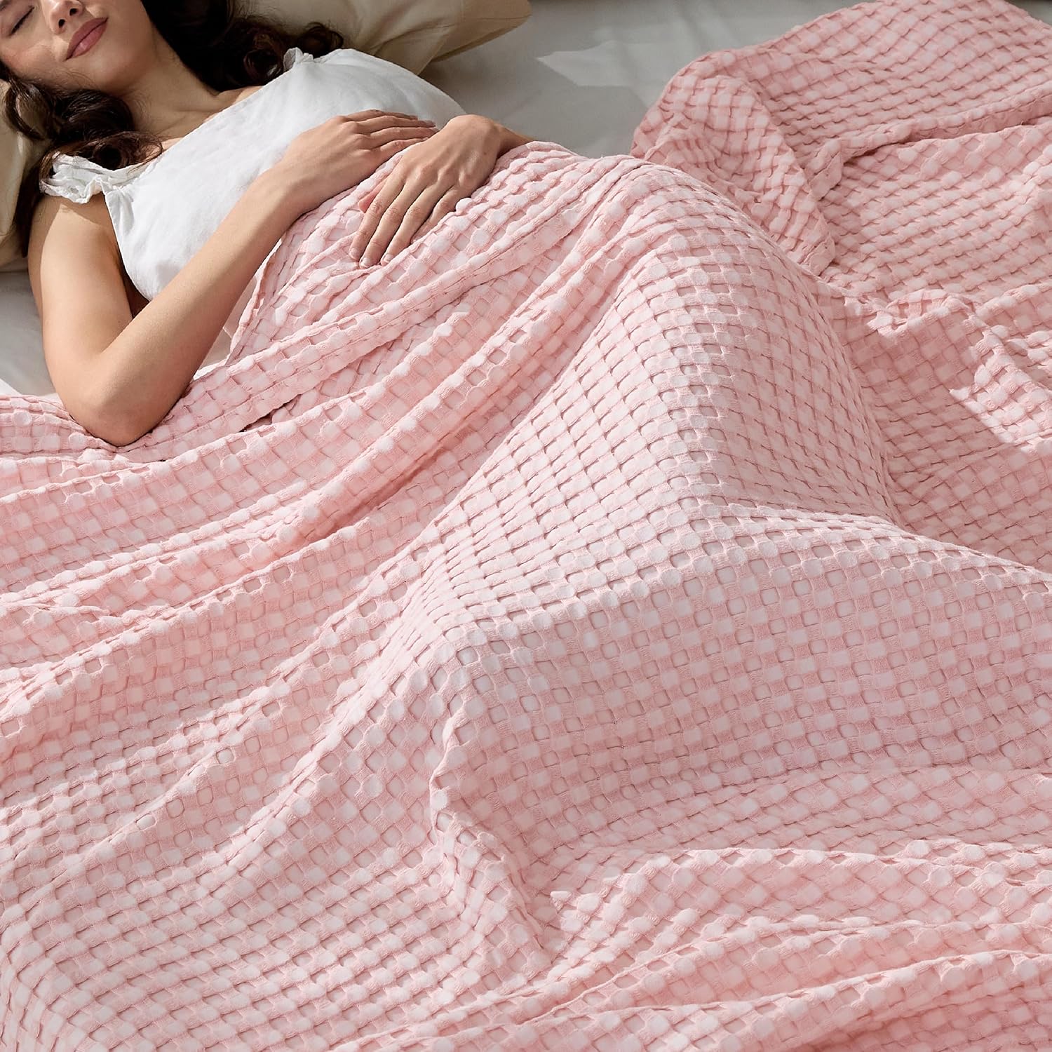 Lightweight Cotton and Bamboo Cooling Waffle Blanket - Queen Size Summer Throw