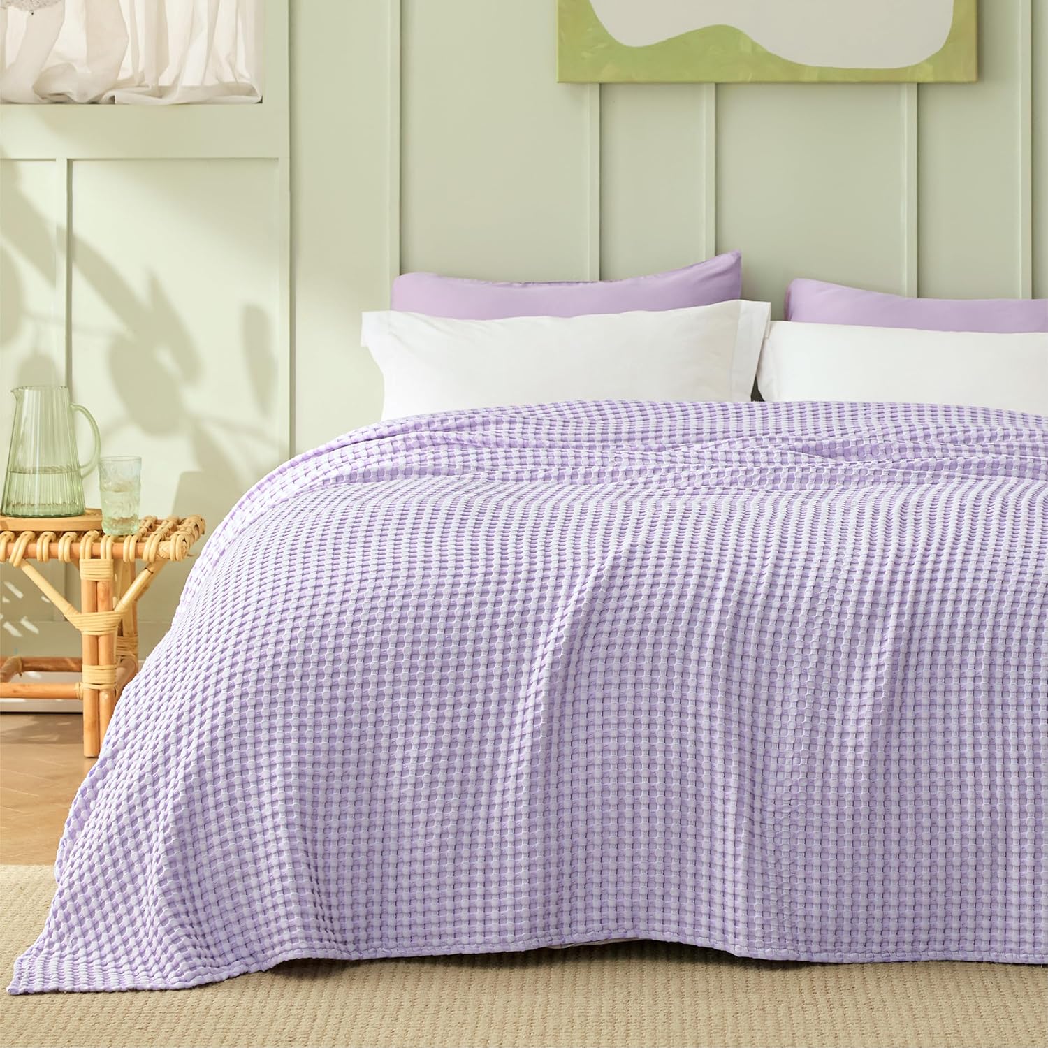 Lightweight Cotton and Bamboo Cooling Waffle Blanket - Queen Size Summer Throw