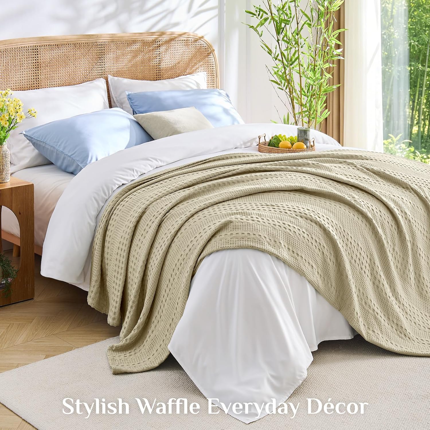 Lightweight Summer Blanket – Soft Breathable Cotton Waffle Design, White, 90"x90