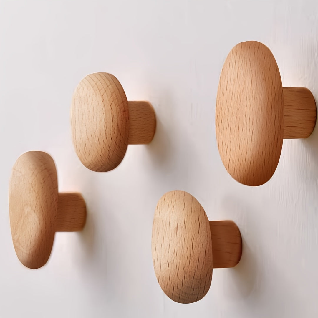 Elegant Natural Wooden Pebble Hooks - Set of 4