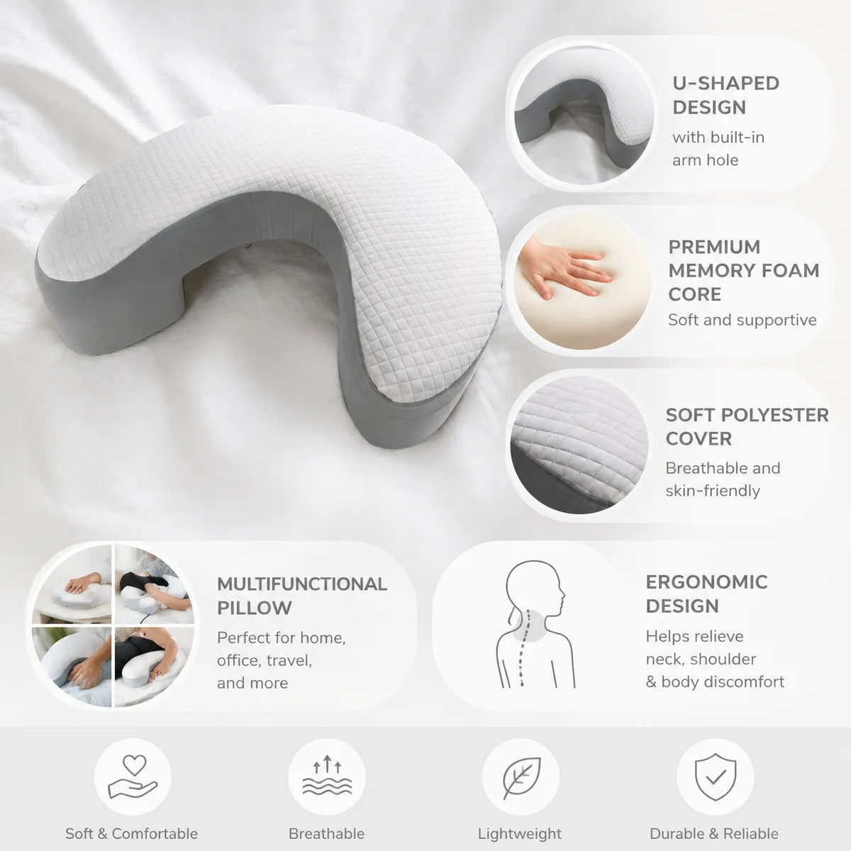 Memory Foam Pillow for Side Sleepers with Shoulder Cutout - Hypoallergenic & Washable