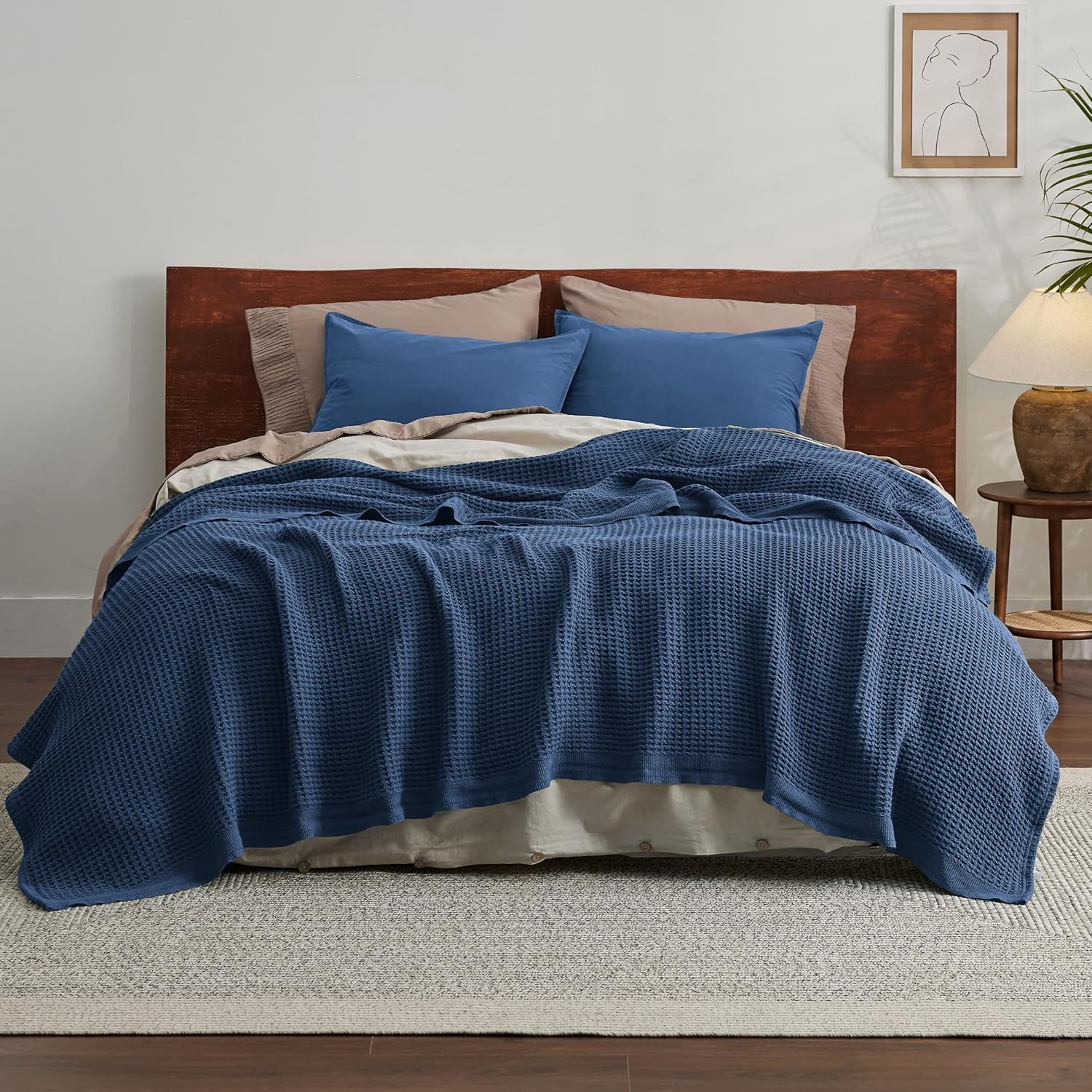 Queen Blanket Made of 100% Cotton with Cooling Waffle Weave for Summer