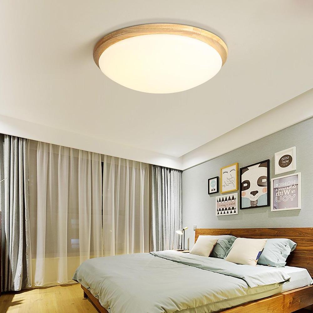 14'' Dimmable LED Wood Flush Mount Light - Taavita Bamboo Ceiling Lights for Bedroom
