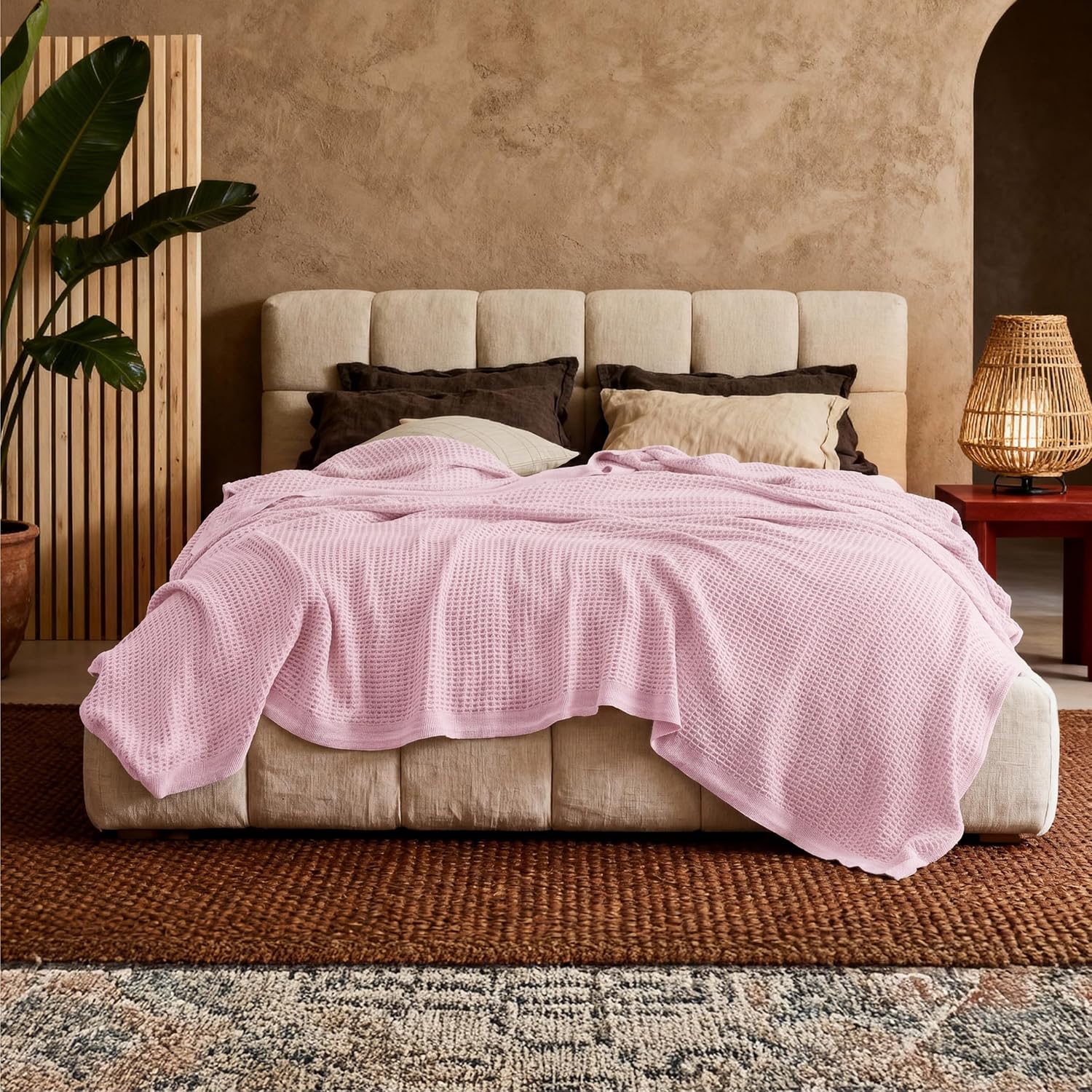 Queen Blanket Made of 100% Cotton with Cooling Waffle Weave for Summer