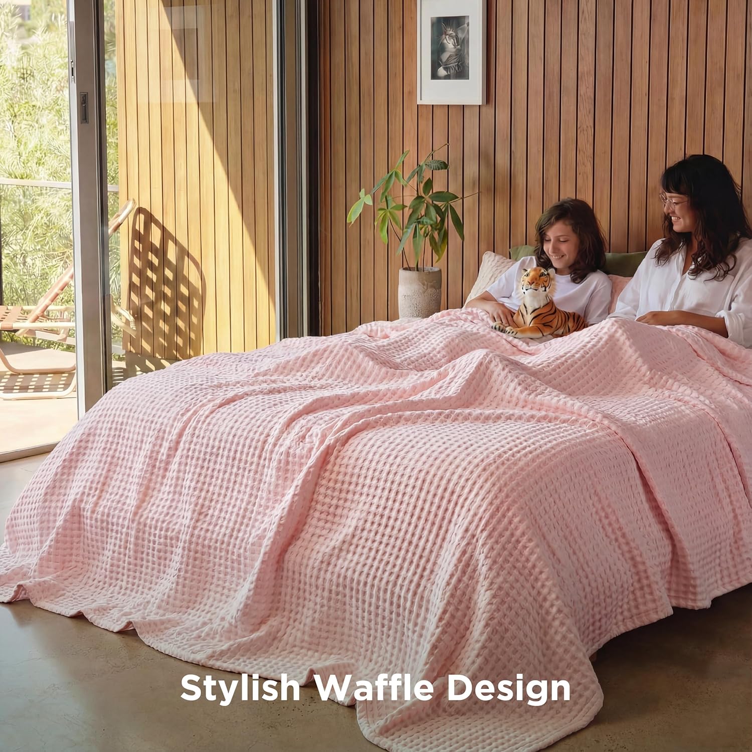 Lightweight Cotton and Bamboo Cooling Waffle Blanket - Queen Size Summer Throw