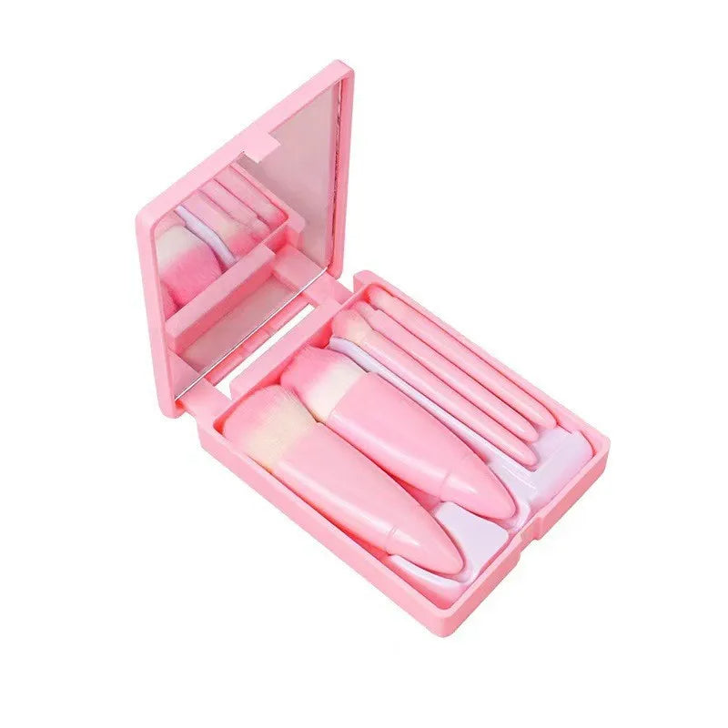 Compact Cosmetic Brush Collection with Integrated Mirror