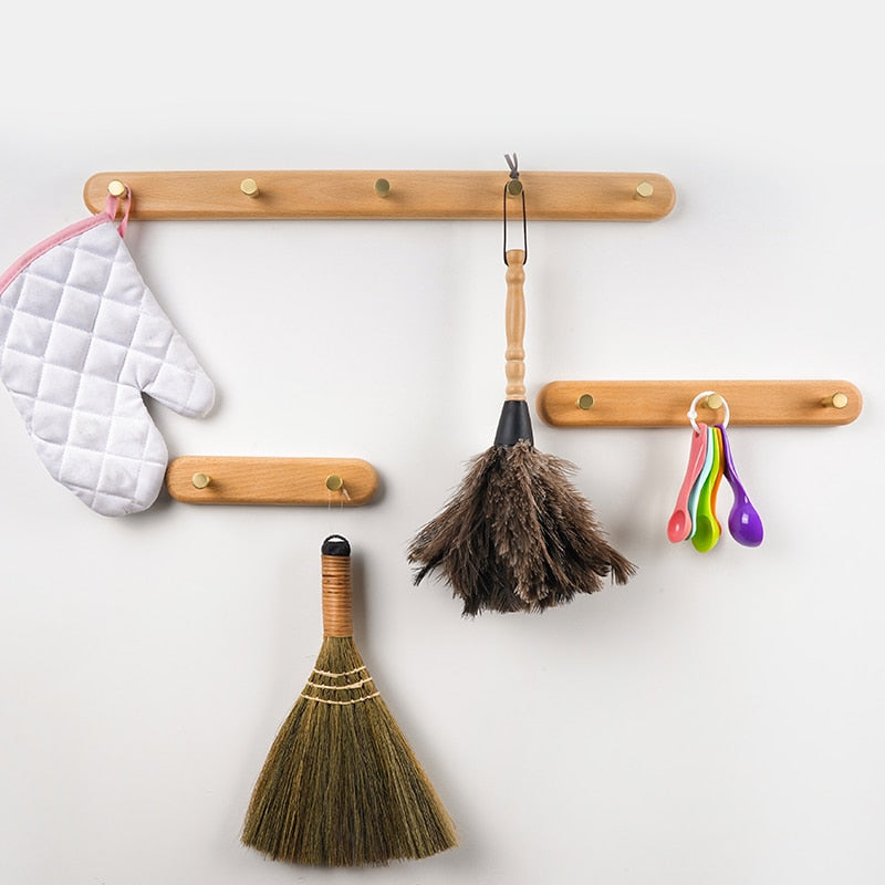 Taavita Wall-Mounted Natural Wood & Brass Hook Racks