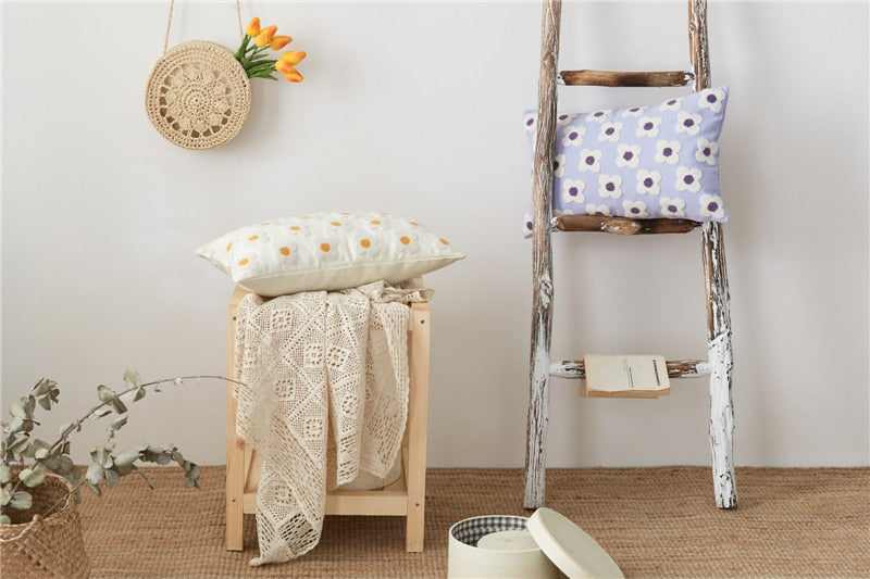 Taavita Lumbar Pillow Cover with Embroidered Floral Design