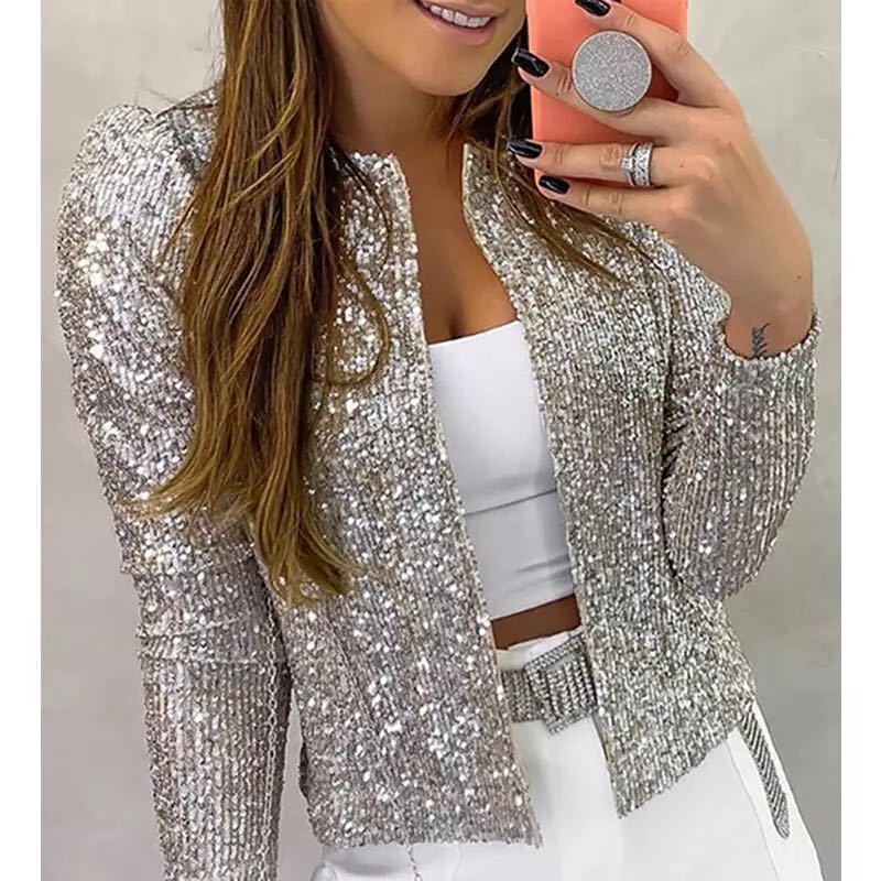 Women’s Sequined Blazer Jacket | Cropped Open-Front Design | Silk Fabric | Comfortable Elegance