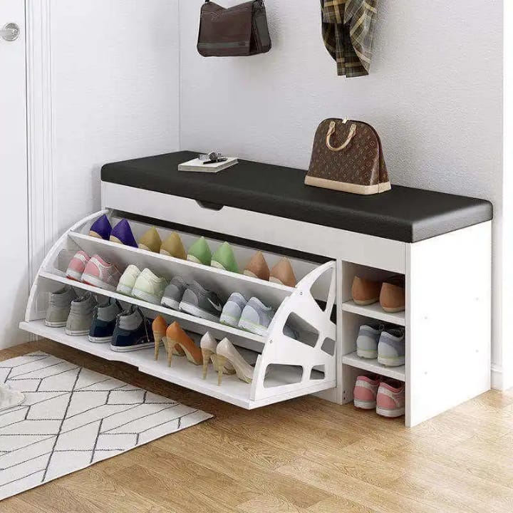 3-Tier Fold-Out Shoe Cabinet | Integrated Padded Bench Seat | Foldable Design | Space-Saving Storage