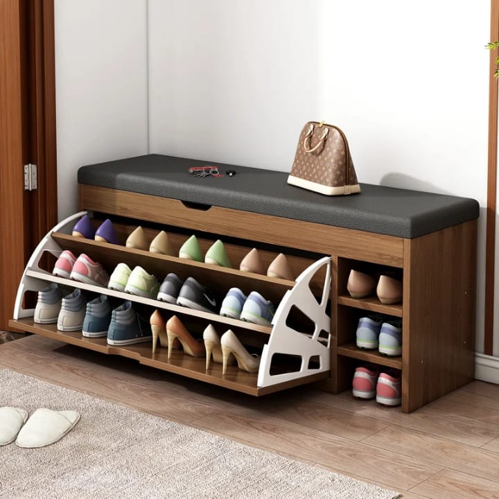 3-Tier Fold-Out Shoe Cabinet | Integrated Padded Bench Seat | Foldable Design | Space-Saving Storage