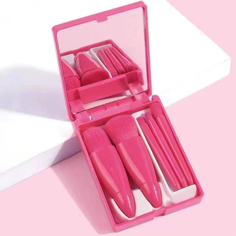 Compact Cosmetic Brush Collection with Integrated Mirror
