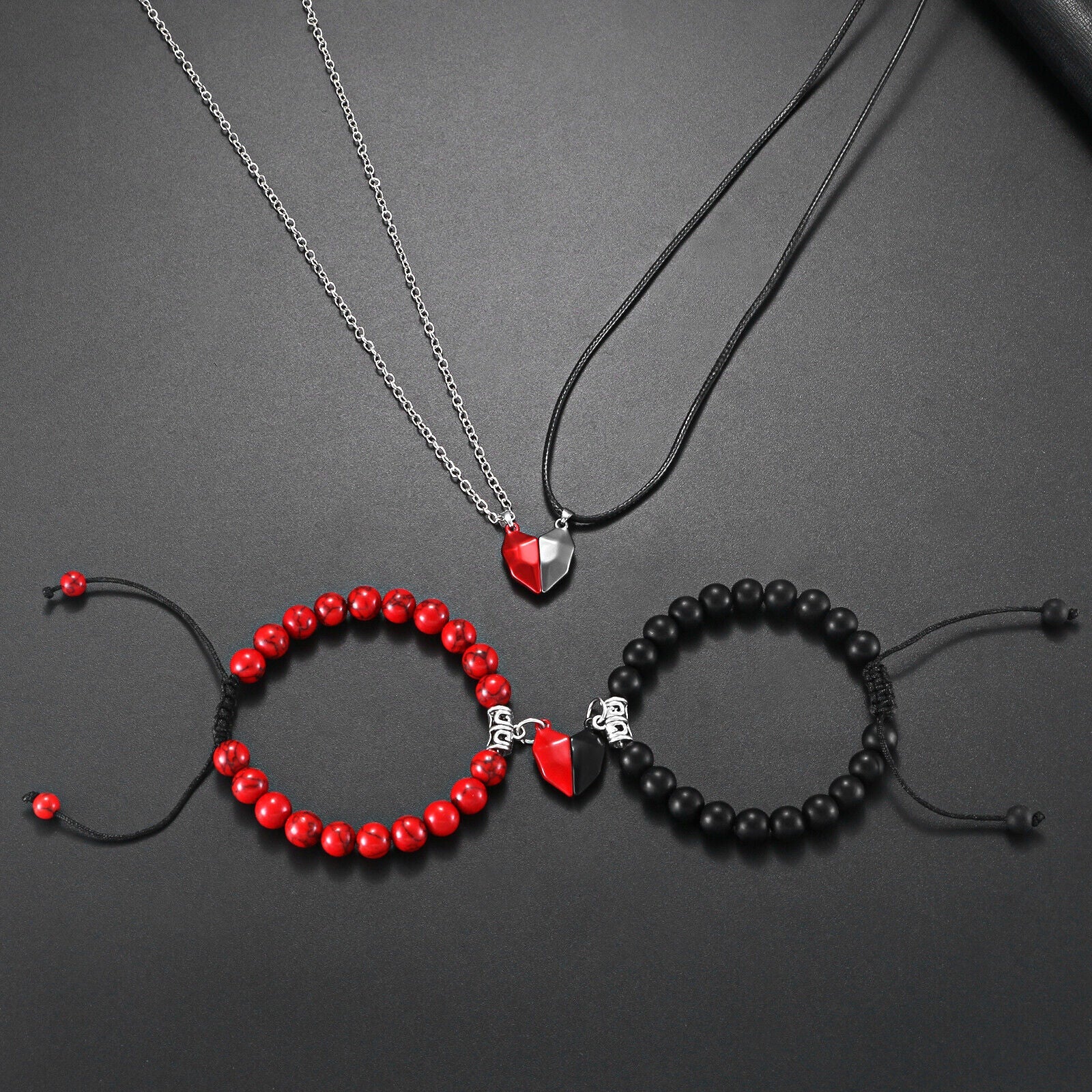 Couple's Gift Set with Magnetic Heart Necklace and Bracelet for Valentine's