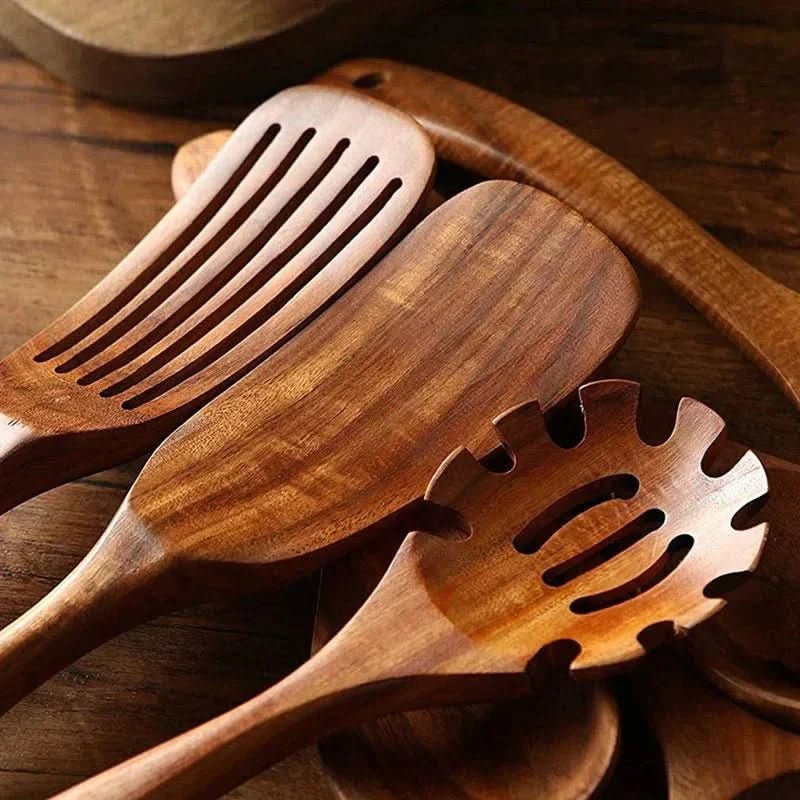 Elegant Teak Wood Cooking Utensil Collection for Modern Chefs