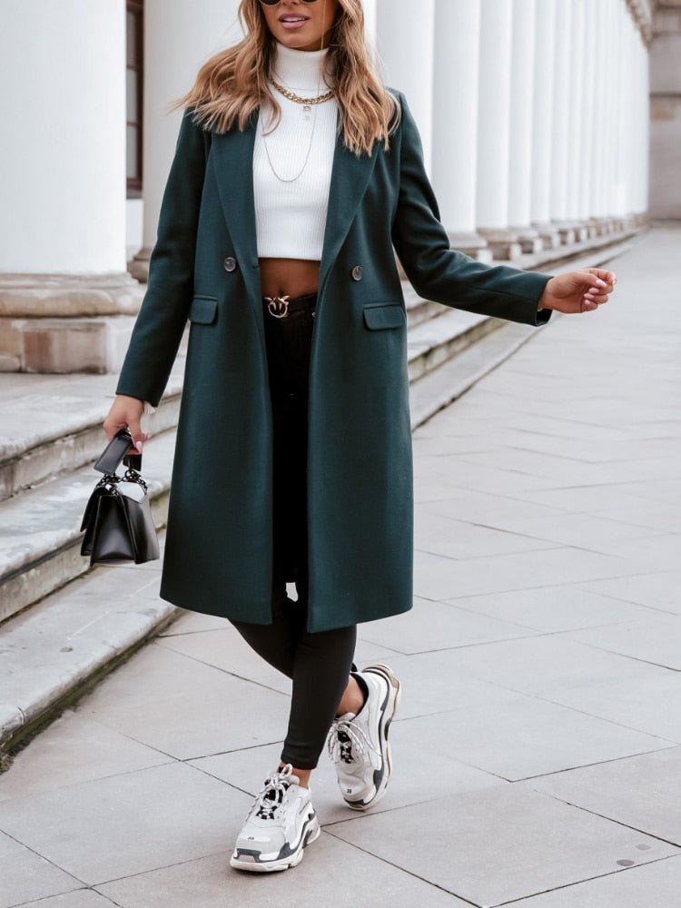 Women’s Long Double-Breasted Overcoat | Warm Polyester Fabric | Classic Lapels & Flap Pockets | Below Knee Length