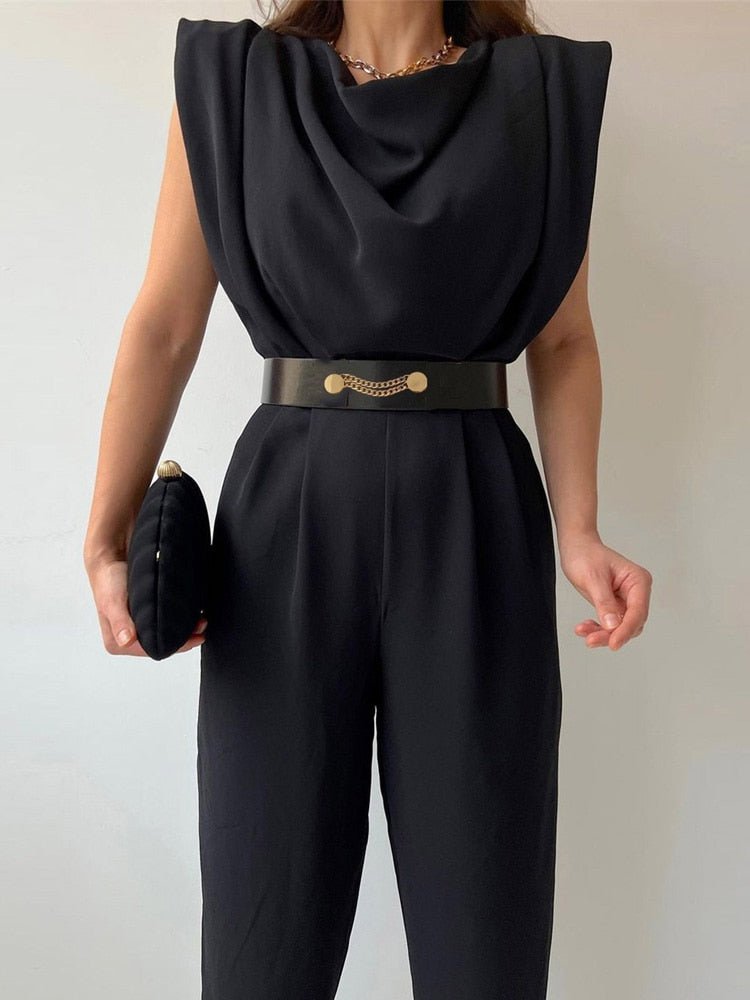 Women’s Sleeveless Jumpsuit | Draped Cowl Neck & Waist Belt | Polyester Elastane Blend | Comfortable Fit