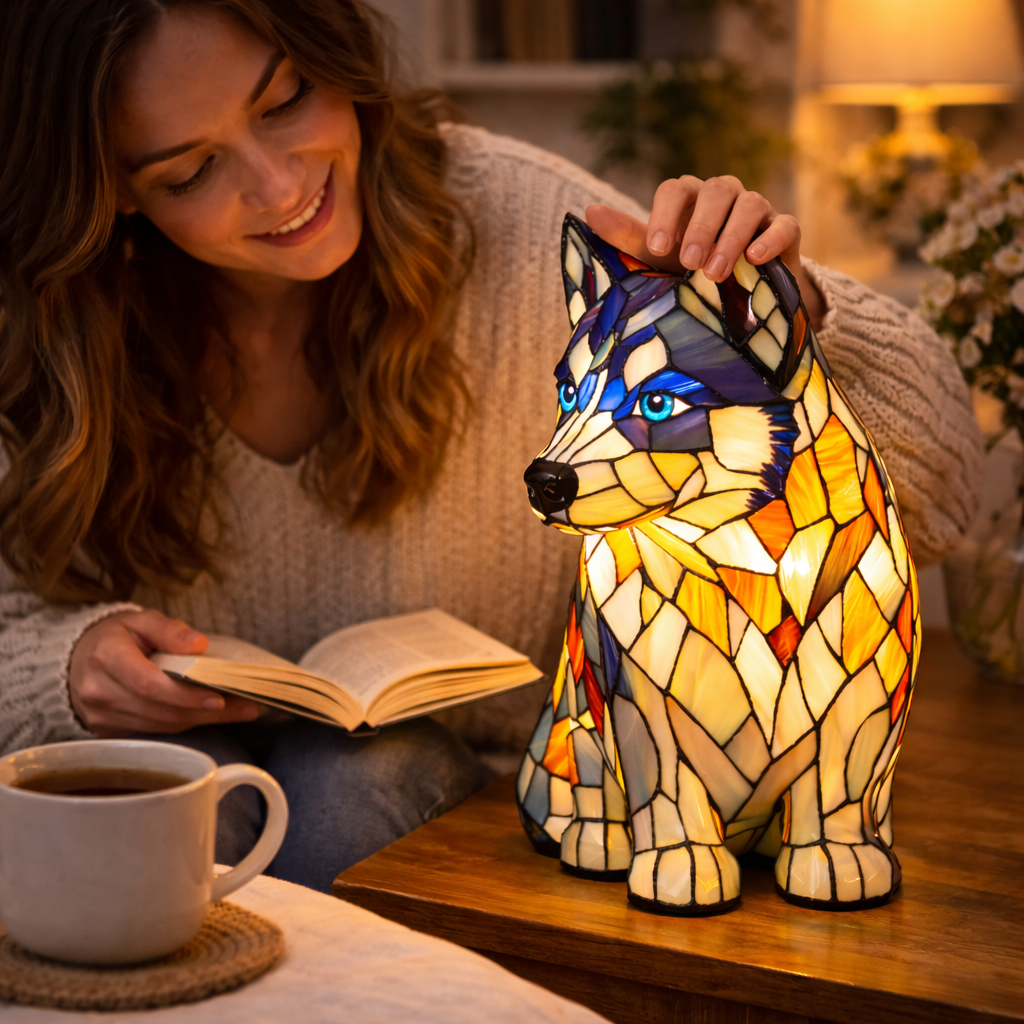 Charming Canine Stained Glass Lamp with LED Nightlight