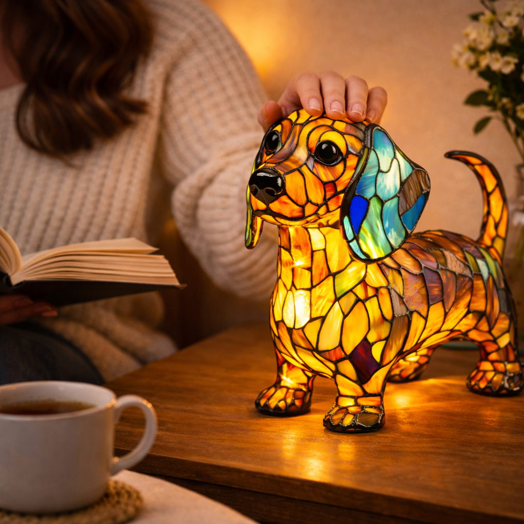 Charming Canine Stained Glass Lamp with LED Nightlight
