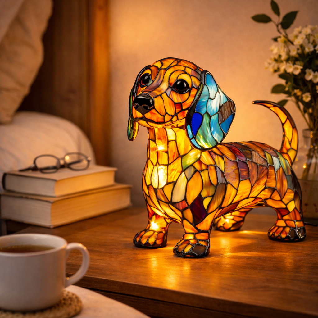 Charming Canine Stained Glass Lamp with LED Nightlight