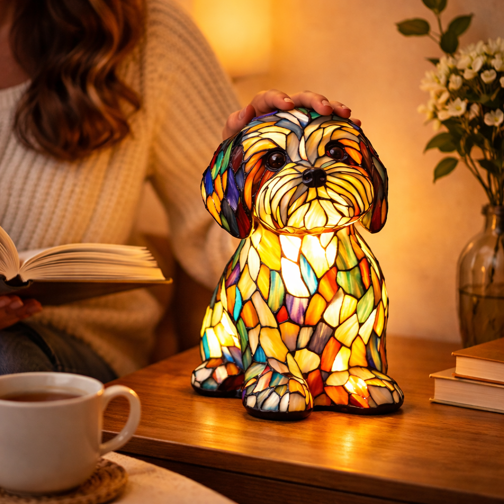 Charming Canine Stained Glass Lamp with LED Nightlight