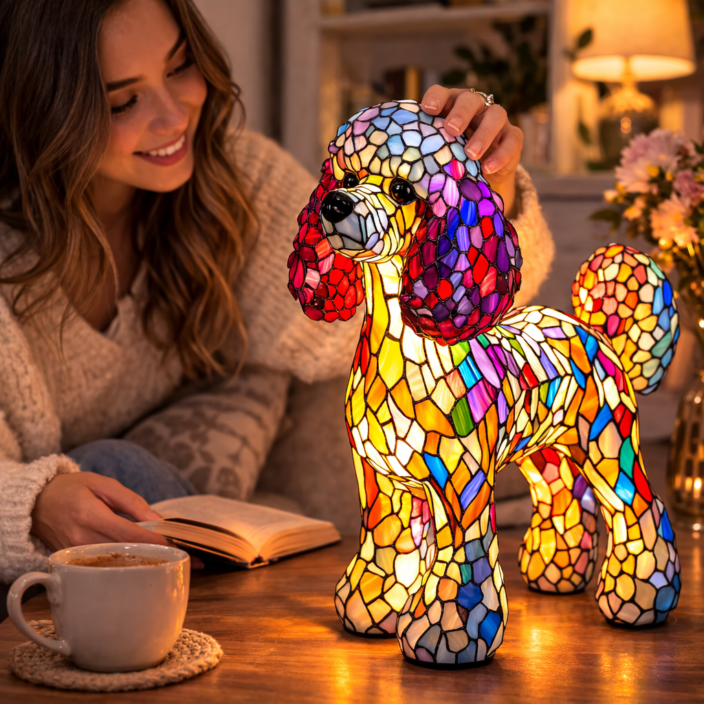 Charming Canine Stained Glass Lamp with LED Nightlight