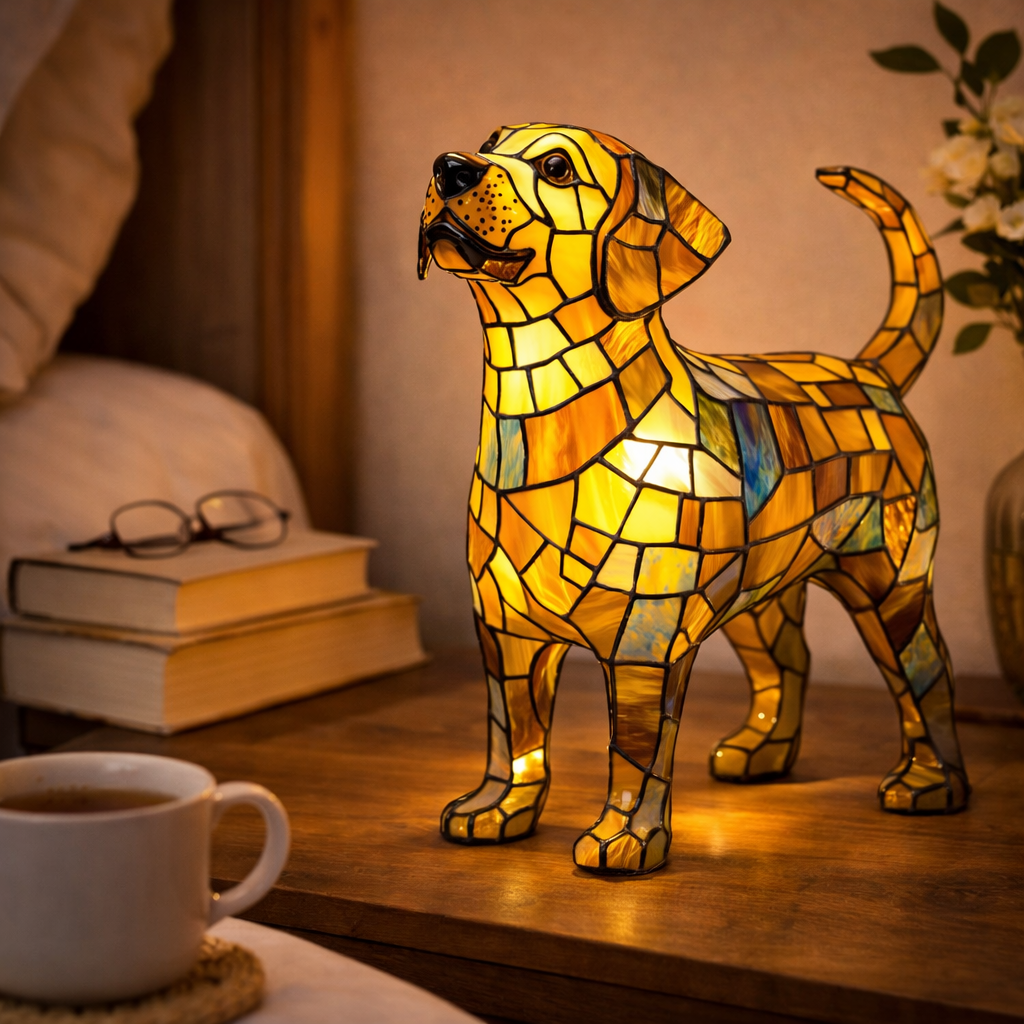 Charming Canine Stained Glass Lamp with LED Nightlight