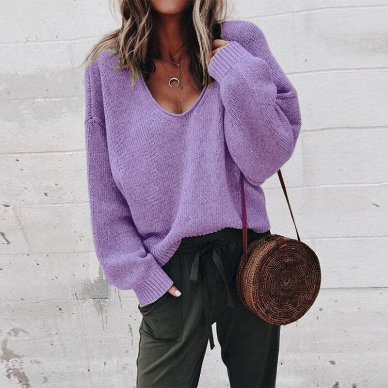 Women's Loose V-Neck Knit Pullover Sweater | Polyester Fabric | Comfortable Fit