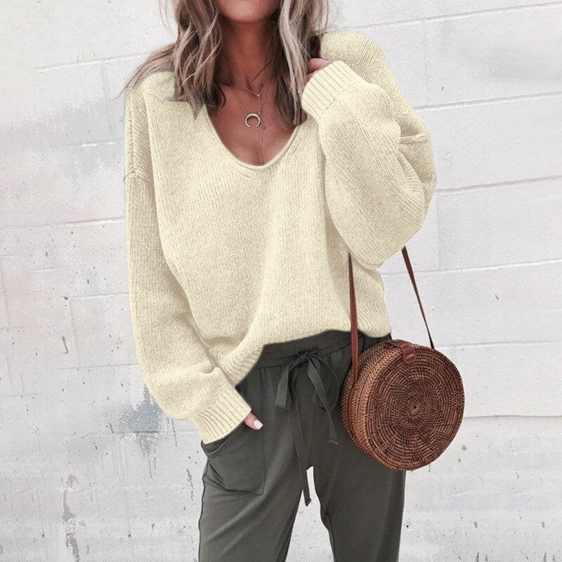 Women's Loose V-Neck Knit Pullover Sweater | Polyester Fabric | Comfortable Fit